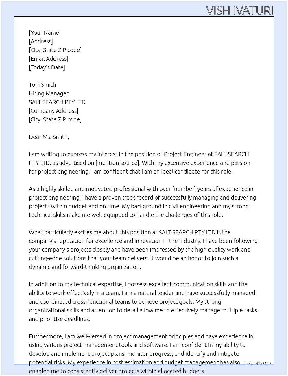 Project Engineer At SALT SEARCH PTY LTD Cover Letter