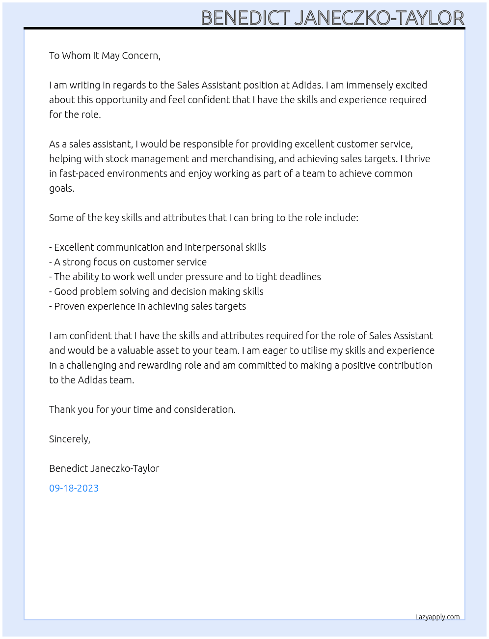Sales Assiatant At Addidas Cover Letter