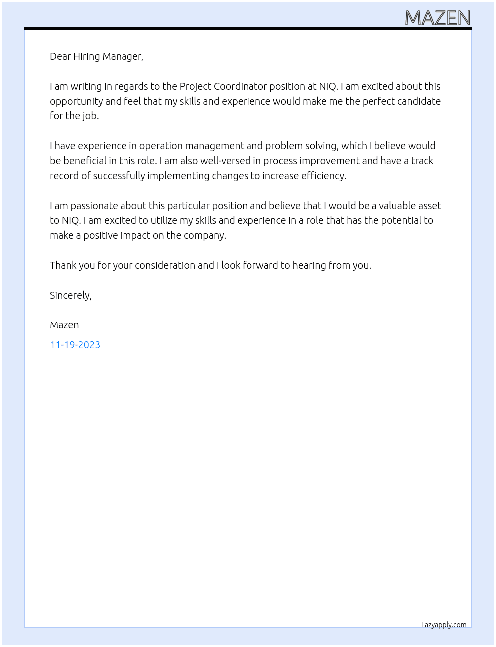 Project coordinator  At NIQ Cover Letter
