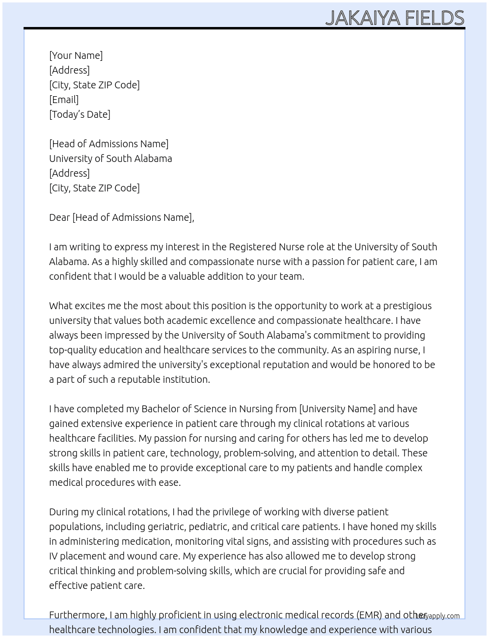 Nursing At University of South Alabama Cover Letter