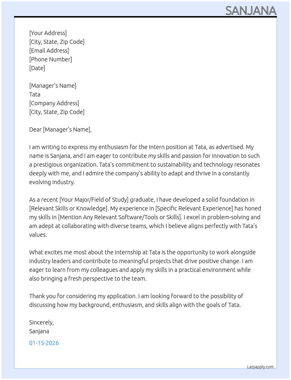 intern At tata Cover Letter
