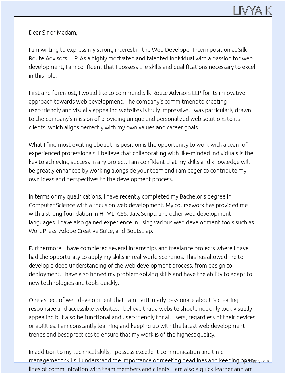 Web Developer Intern At Silk Route Advisors LLP Cover Letter