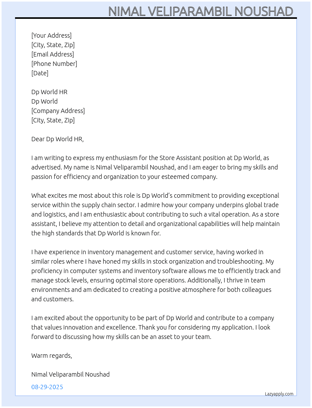 Store assistant  At Dp world Cover Letter