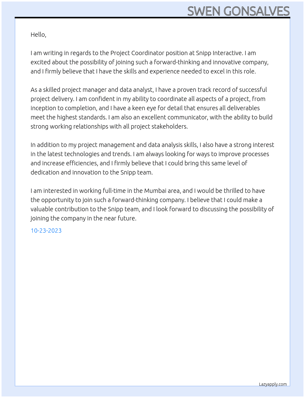 Project Coordinator At Snipp Interactive Cover Letter