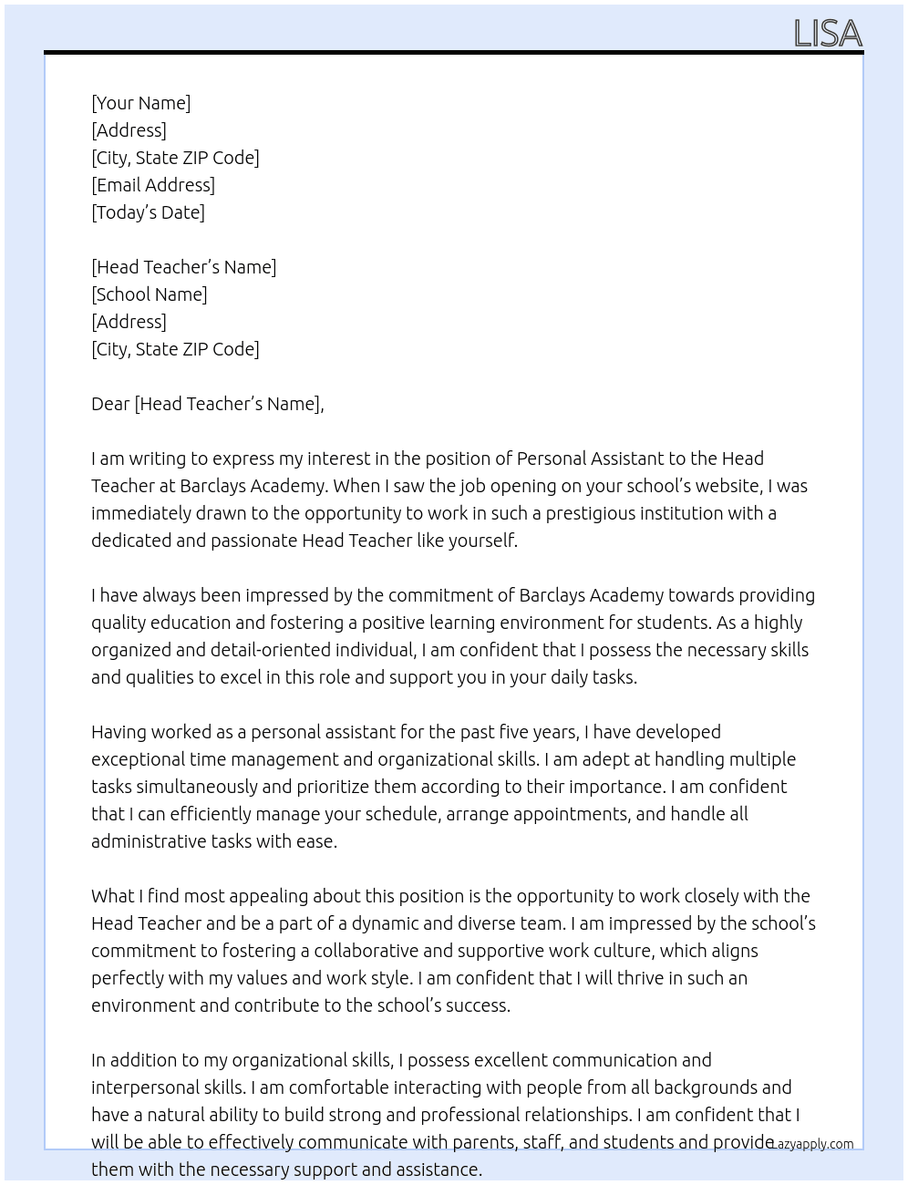 personal assistant to the head teacher At Barclays academy  Cover Letter