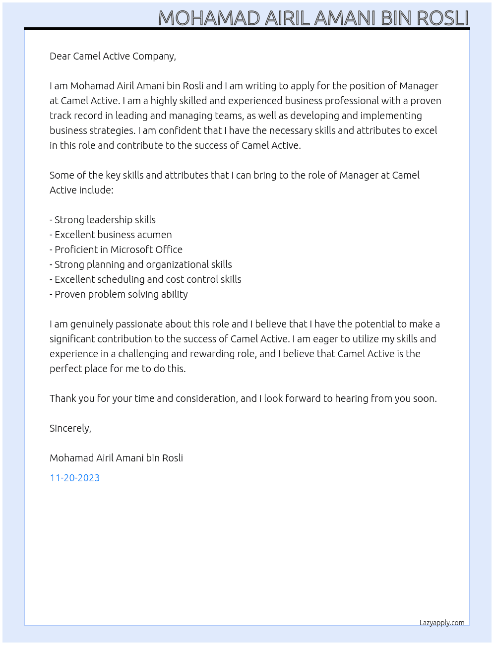 Manager At Camel Active Cover Letter
