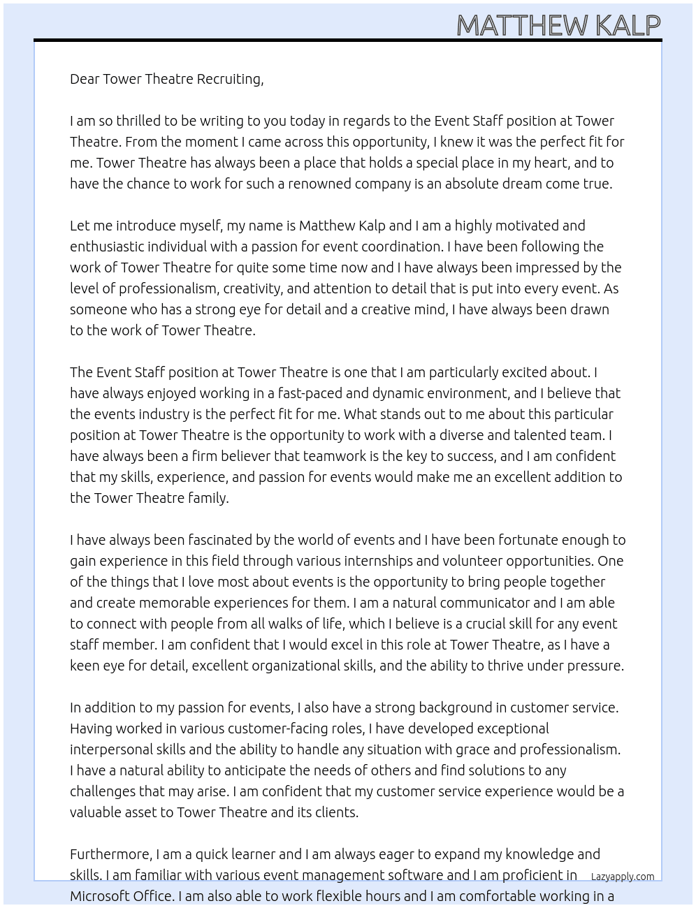 Event Staff At Tower Theatre Cover Letter