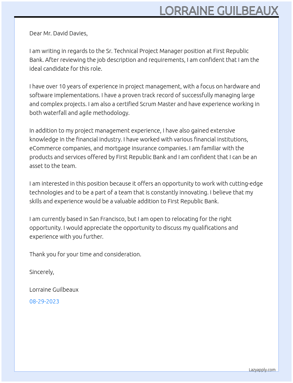 Sr. Technical Project Manager At First Rebublic Bank Cover Letter
