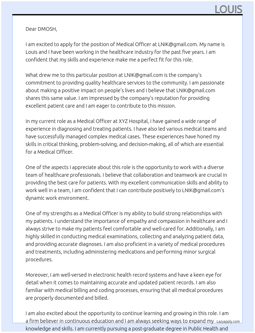 medical officer  At lnik@gmail.com Cover Letter