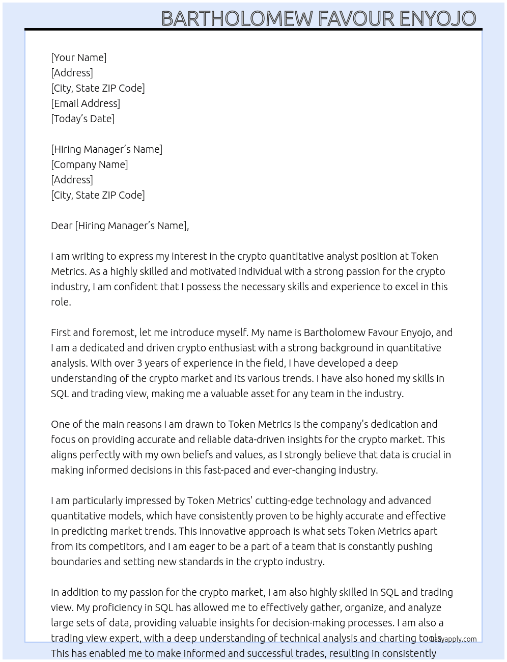 crypto quantitative analyst At token metrics Cover Letter