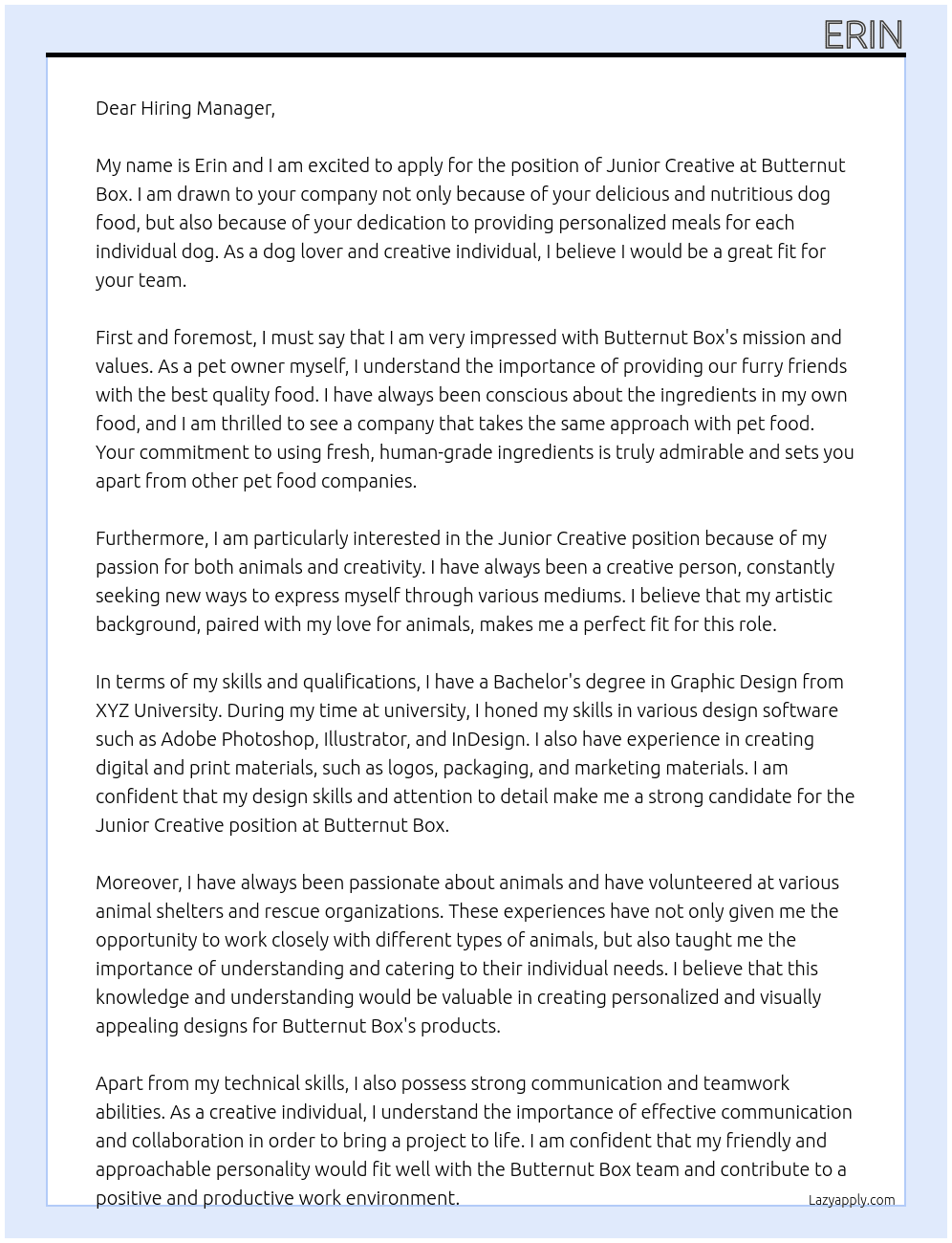 Junior Creative At Butternut Box Cover Letter