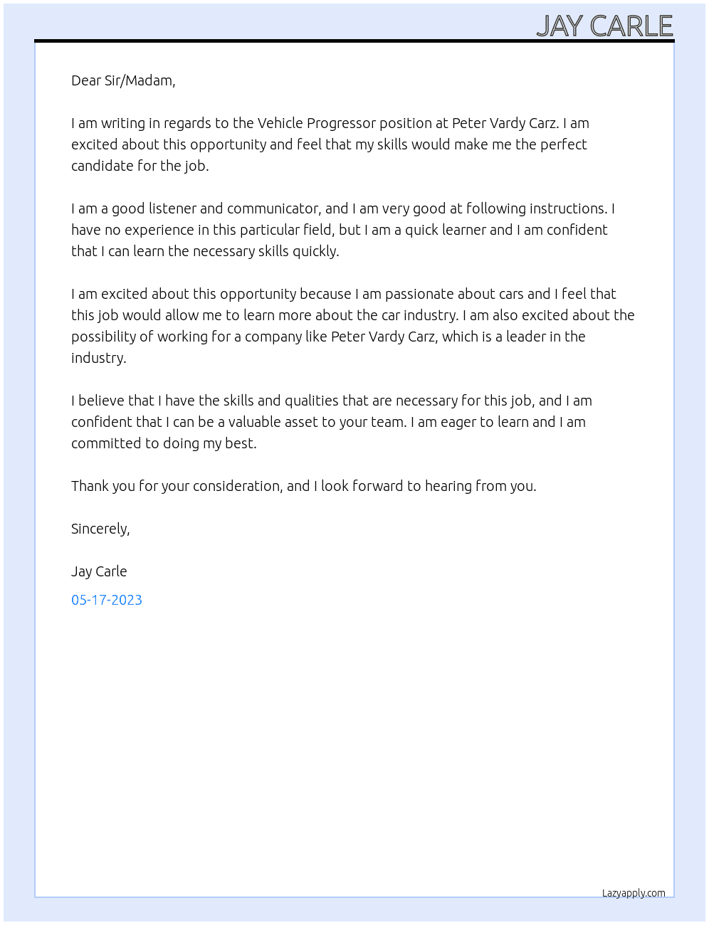 Vehicle Progressor At Peter Vardy Carz Cover Letter