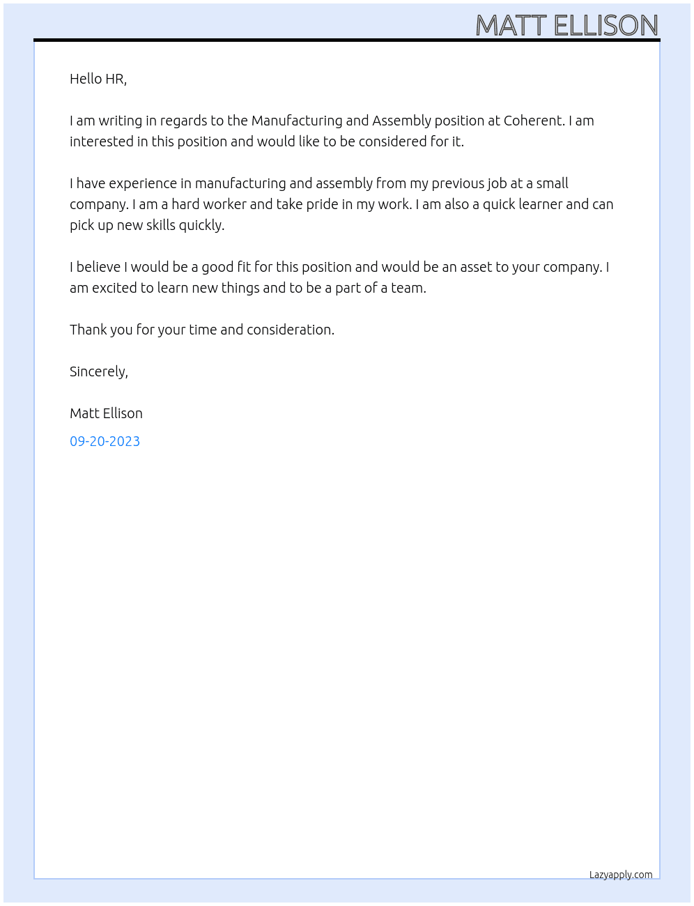Manufacturing , Assembly At Coherent  Cover Letter