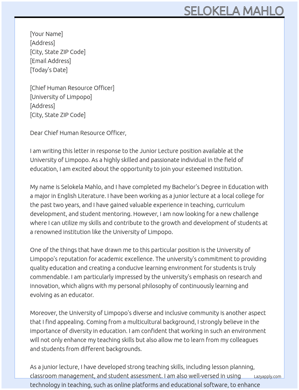 junior lecture At university of limpopo Cover Letter