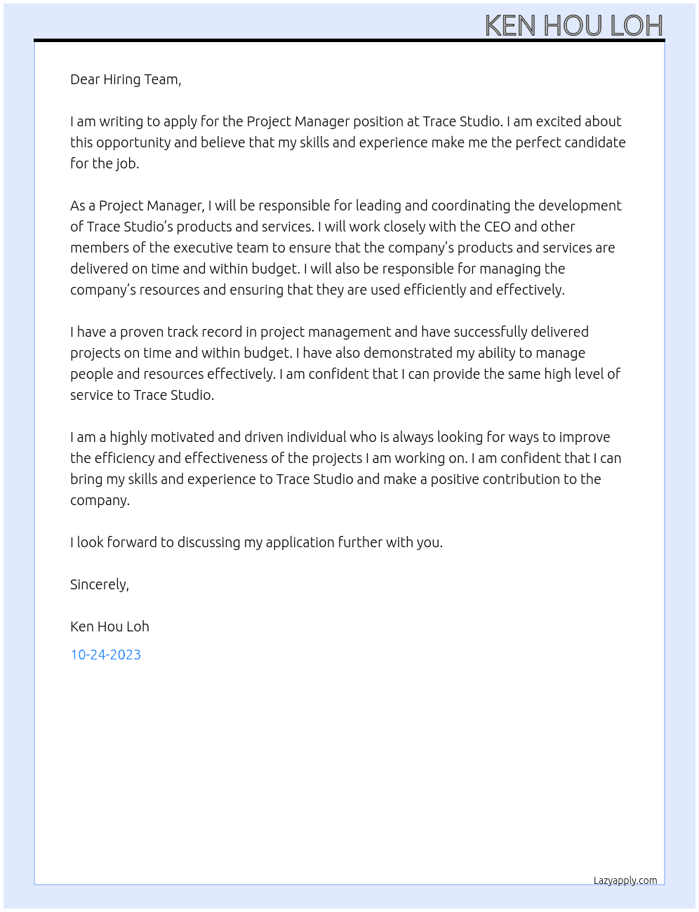 Project Manager At Trace Studio Cover Letter