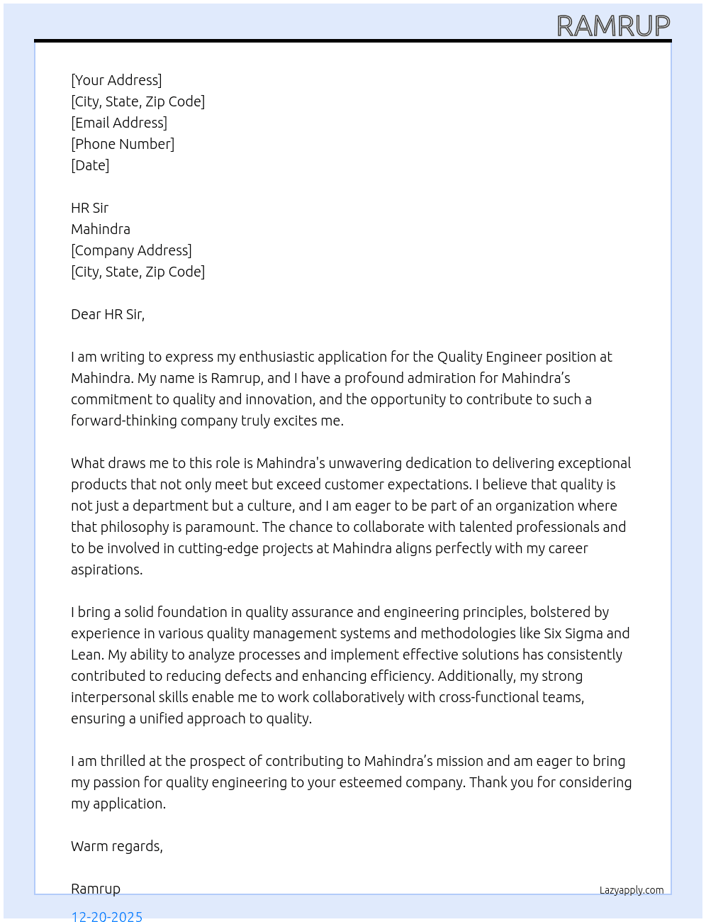 Quality engineer  At Mahindra  Cover Letter