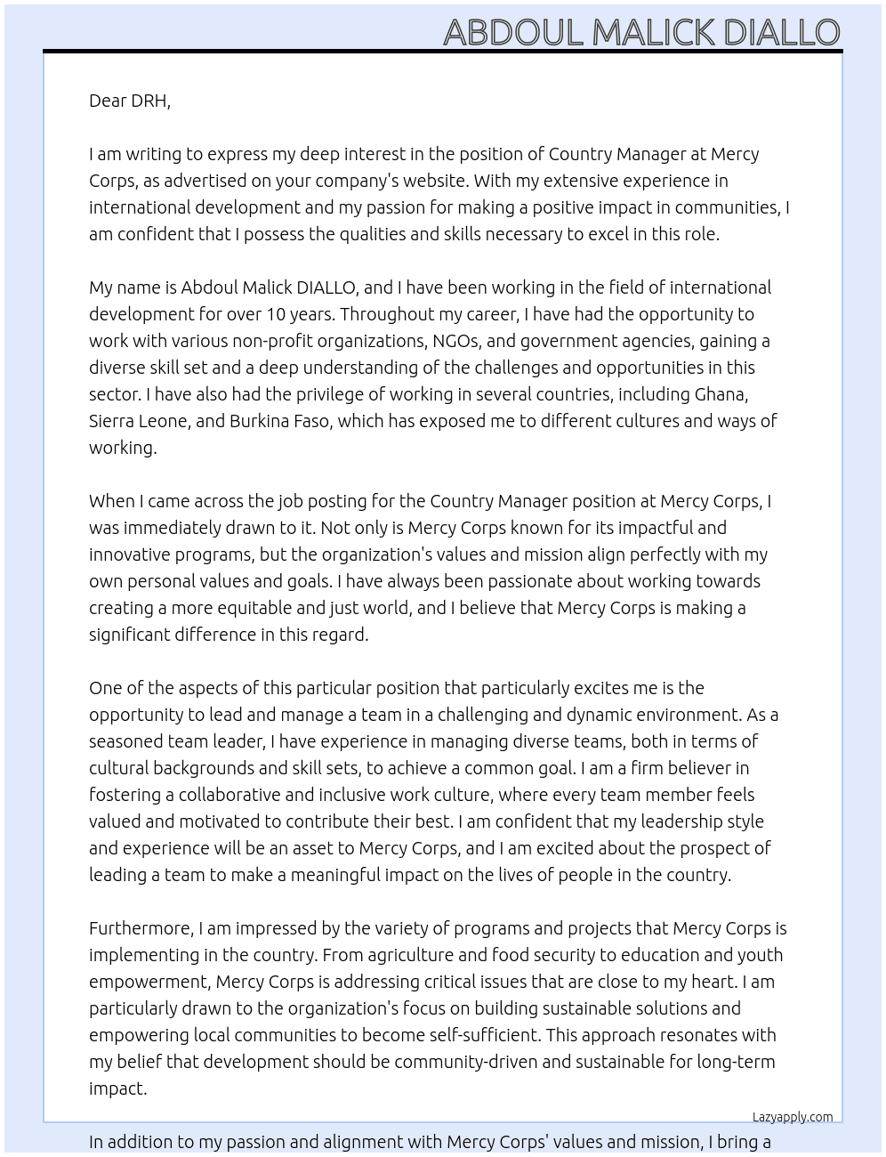 Country manager  At Mercy Corps Cover Letter