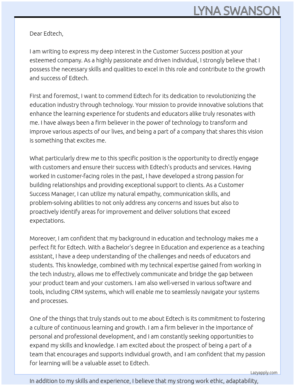 Customer Success ( At Edtech Cover Letter