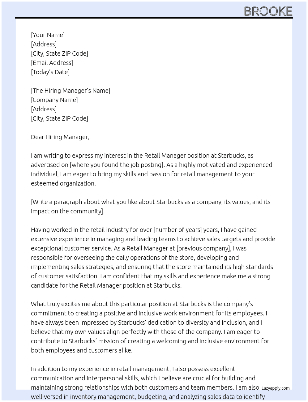 Retail Manager At Starbucks  Cover Letter