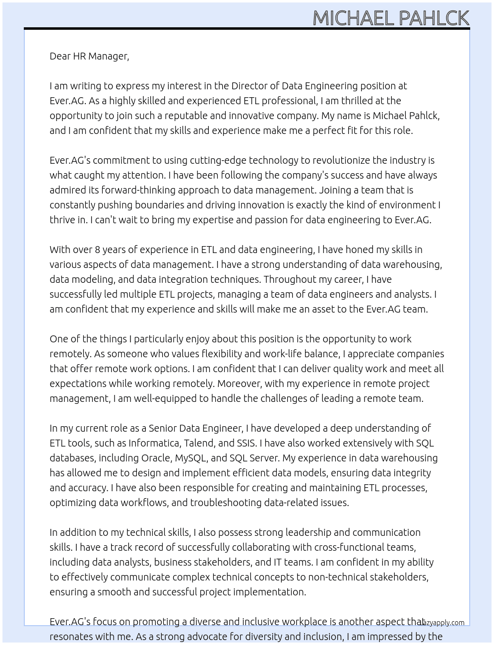 Director, Data Engineering At Ever.AG Cover Letter