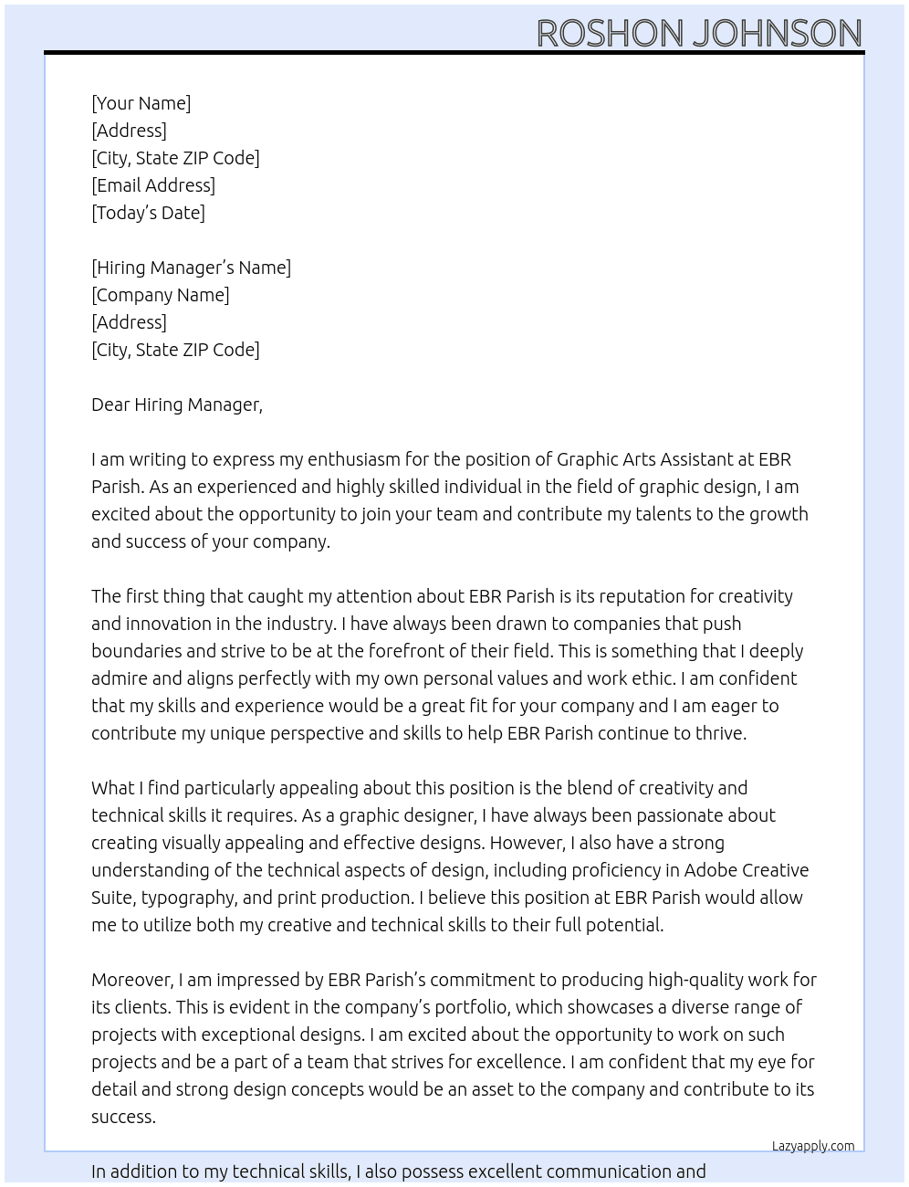 Graphic ARts Assistant At EBR Pairsh Cover Letter