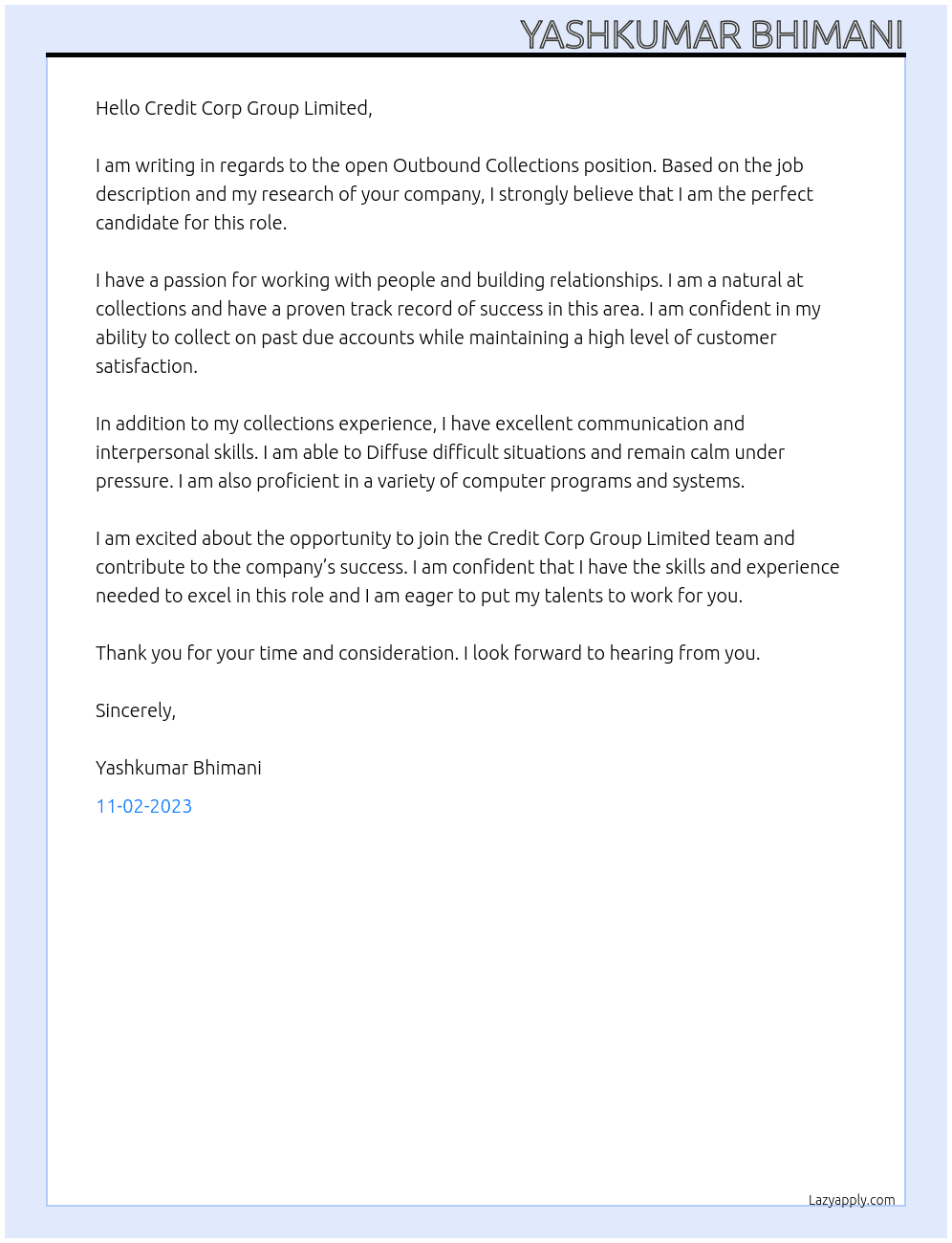 Outbound Collections At Credit Corp Group Limited Cover Letter