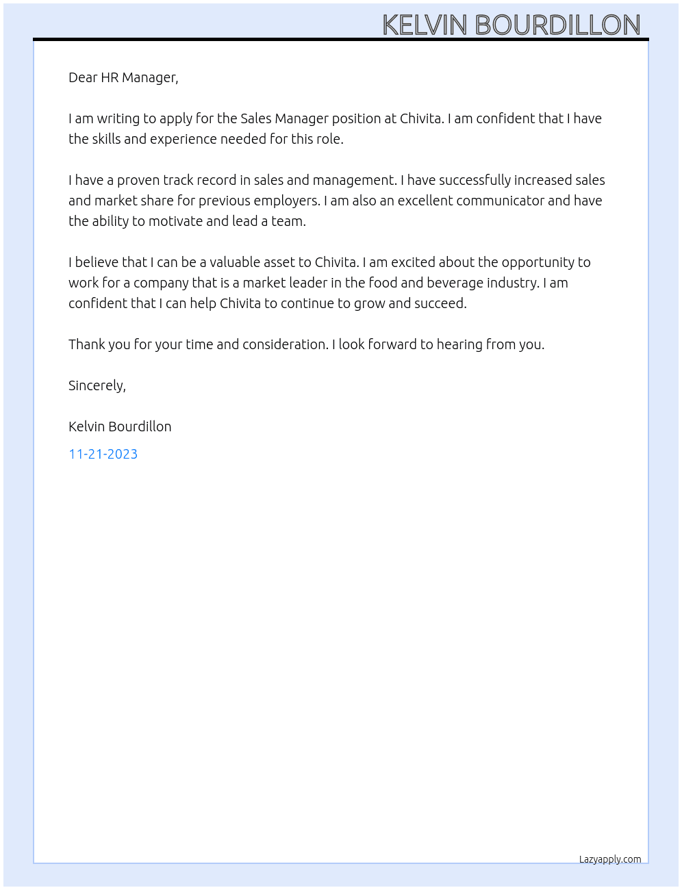 Sales Manager  At Chivita Cover Letter
