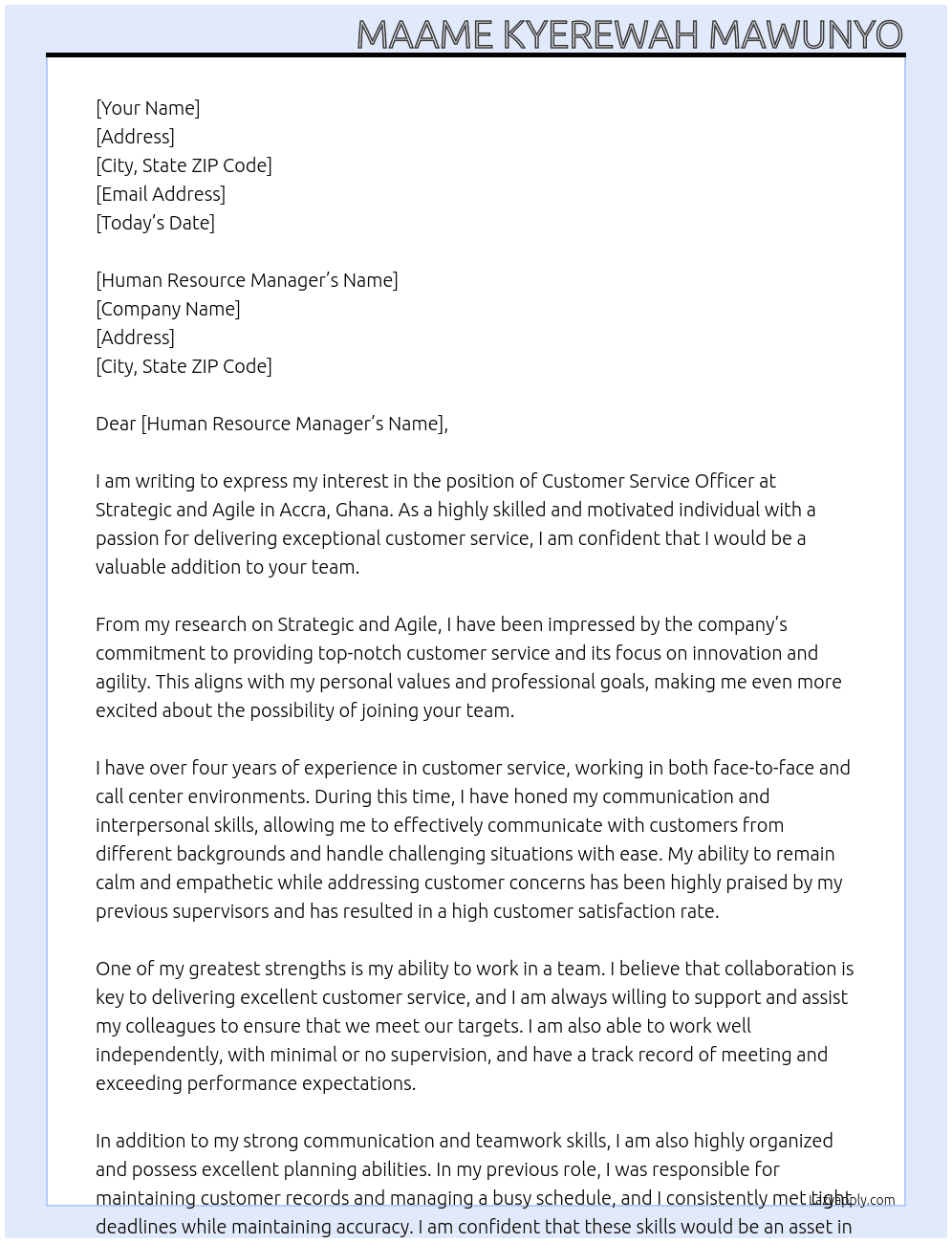 Customer service officer At Strategic and Agile Cover Letter
