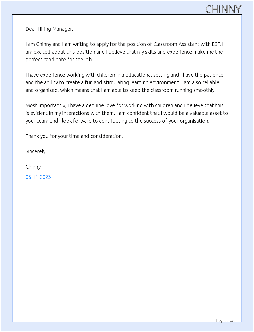 Classroom Assistant At ESF Cover Letter