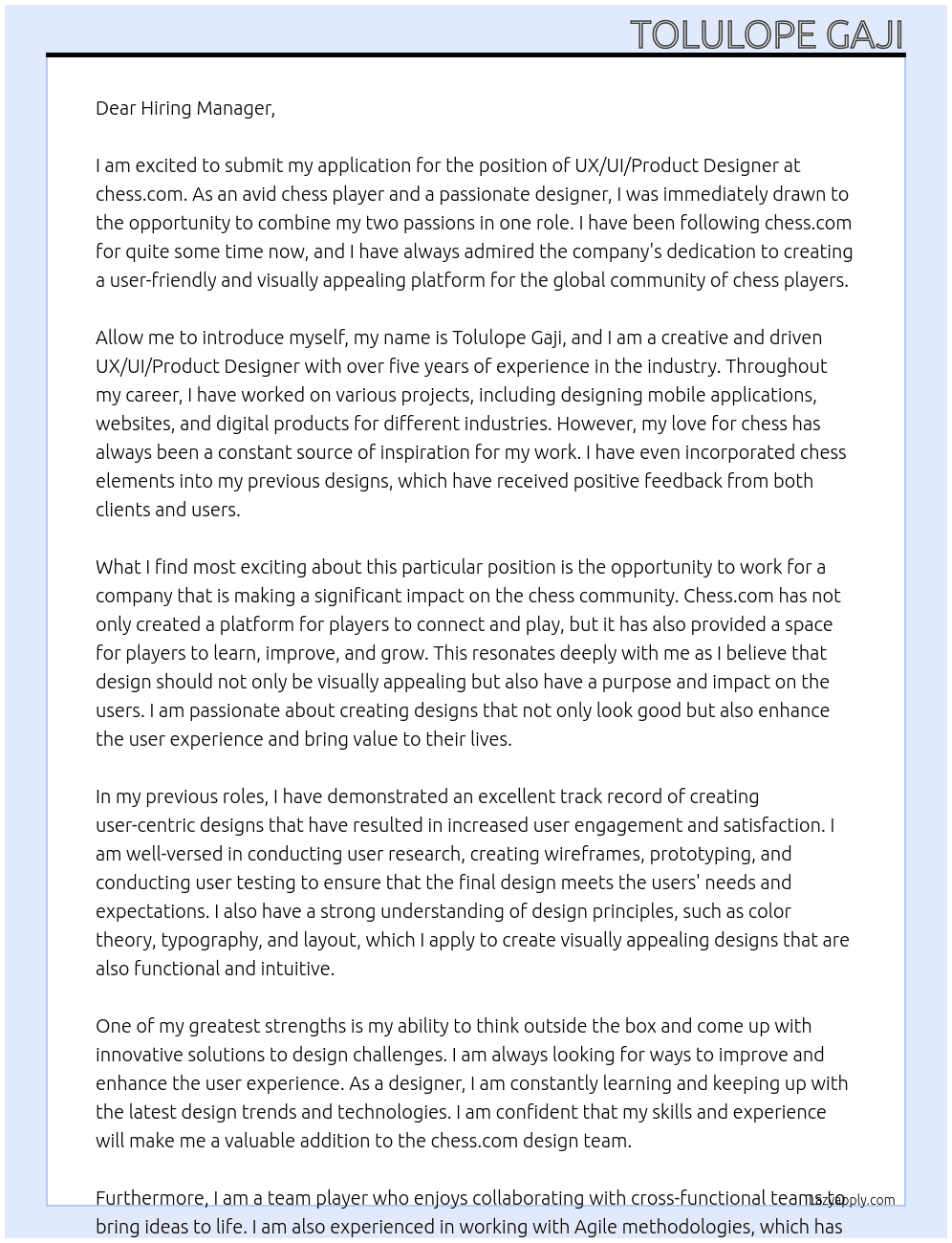 UX / UI / Product Designer  At chess.com Cover Letter
