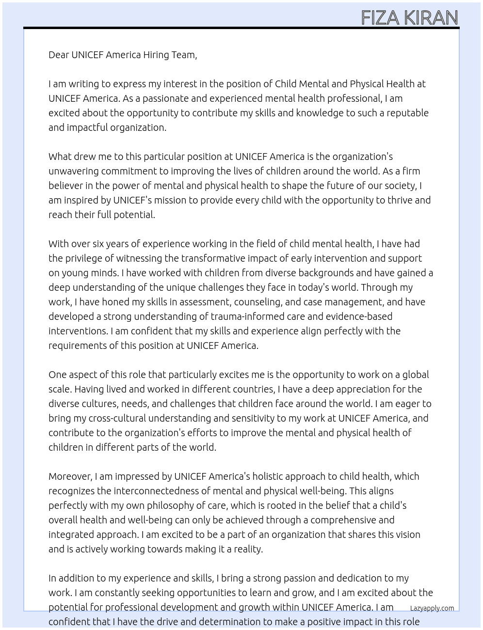 Child mental and physical health  At UNICEF America Cover Letter