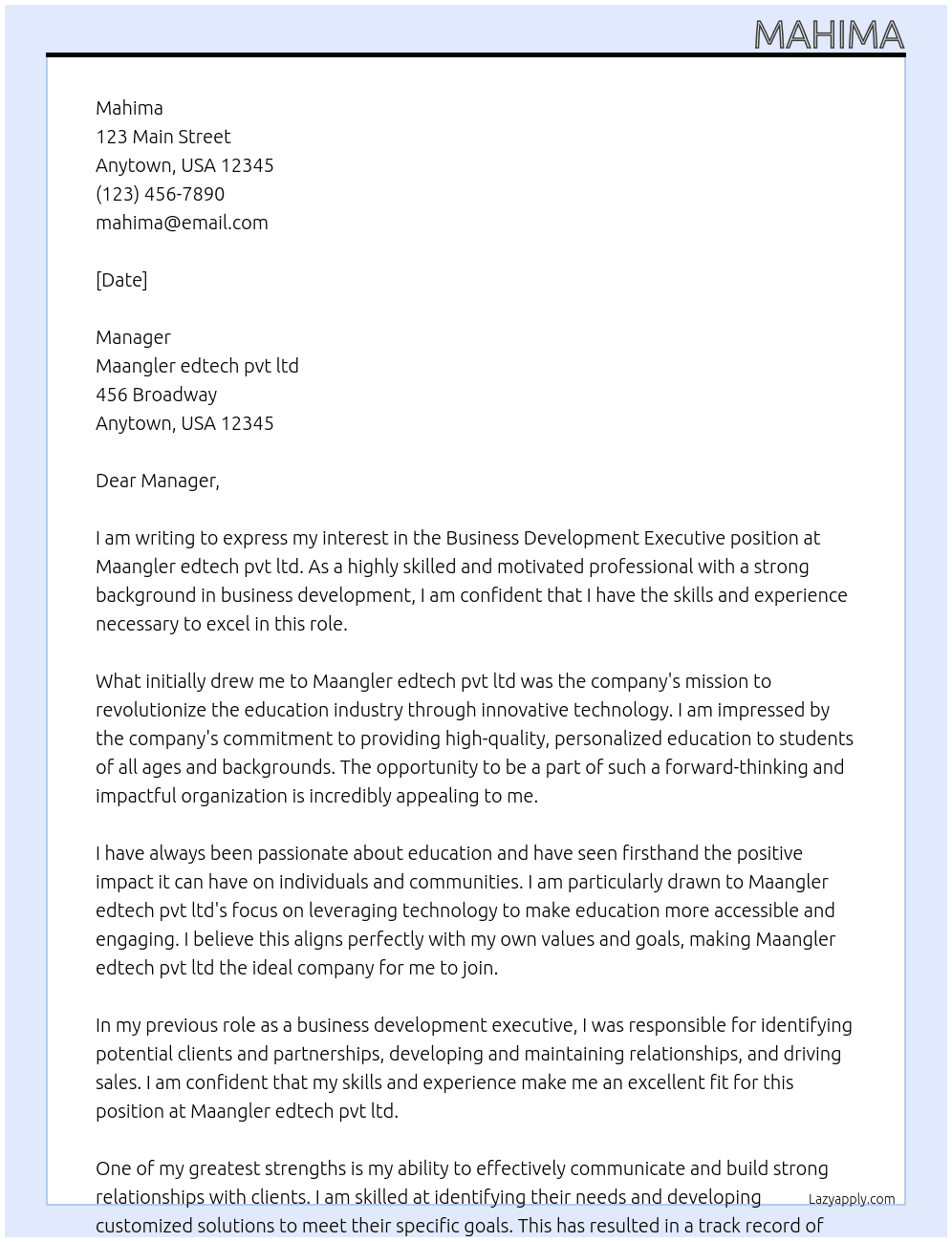 Business Development executive  At Maangler edtech pvt ltd Cover Letter