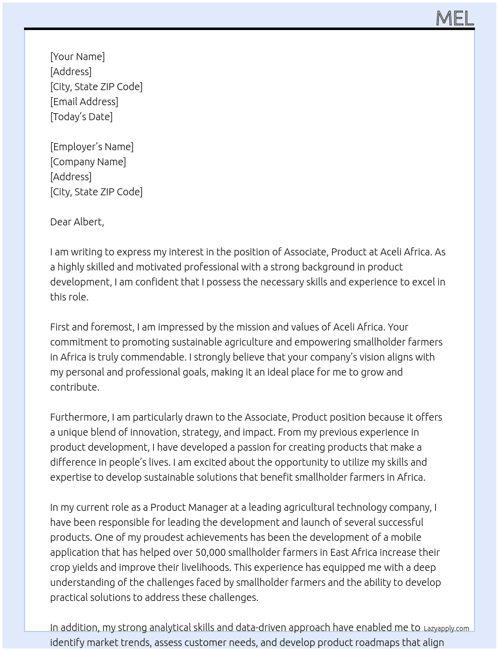 Associate, Product At Aceli Africa Cover Letter