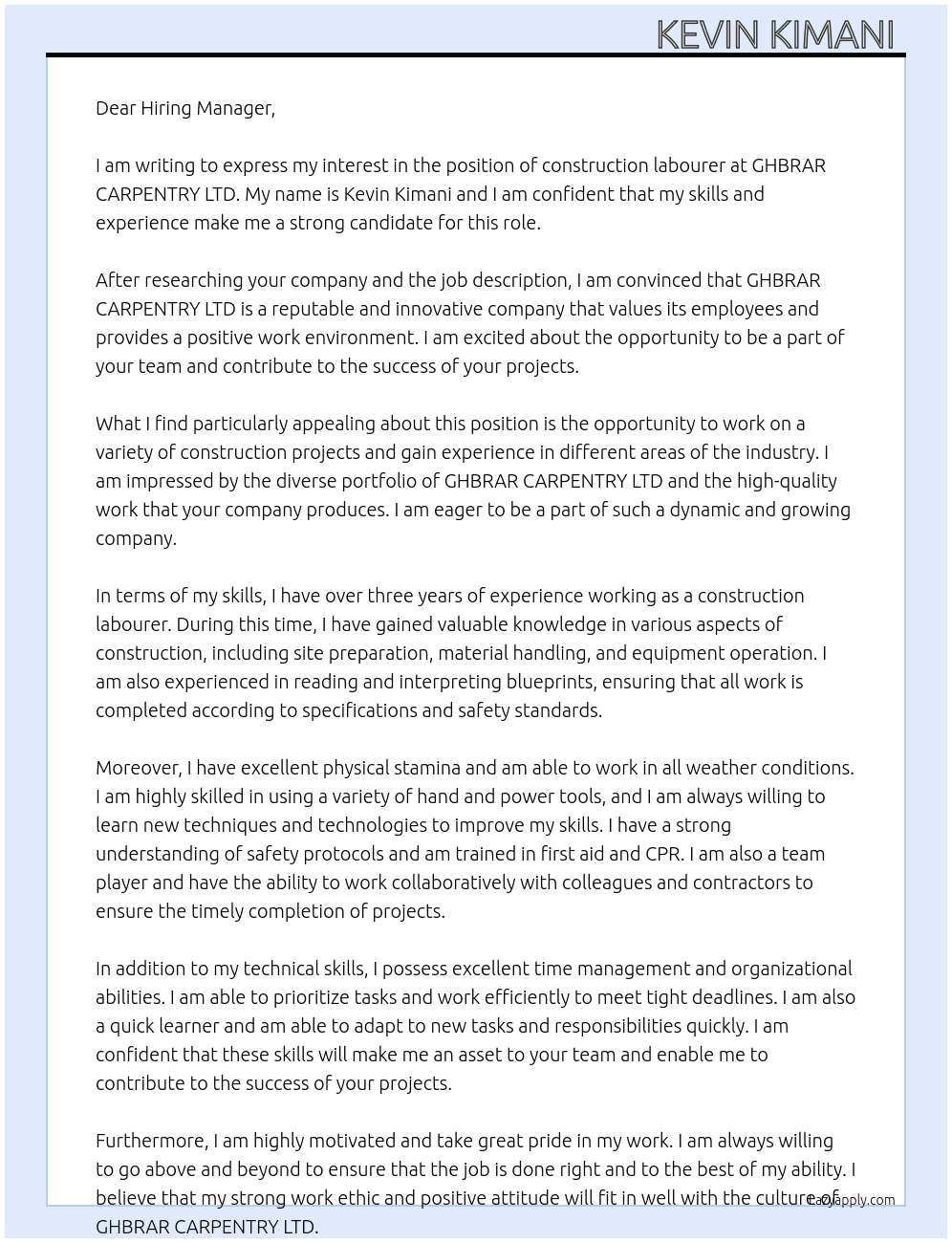construction labourer  At GHBRAR CARPENTRY LTD Cover Letter