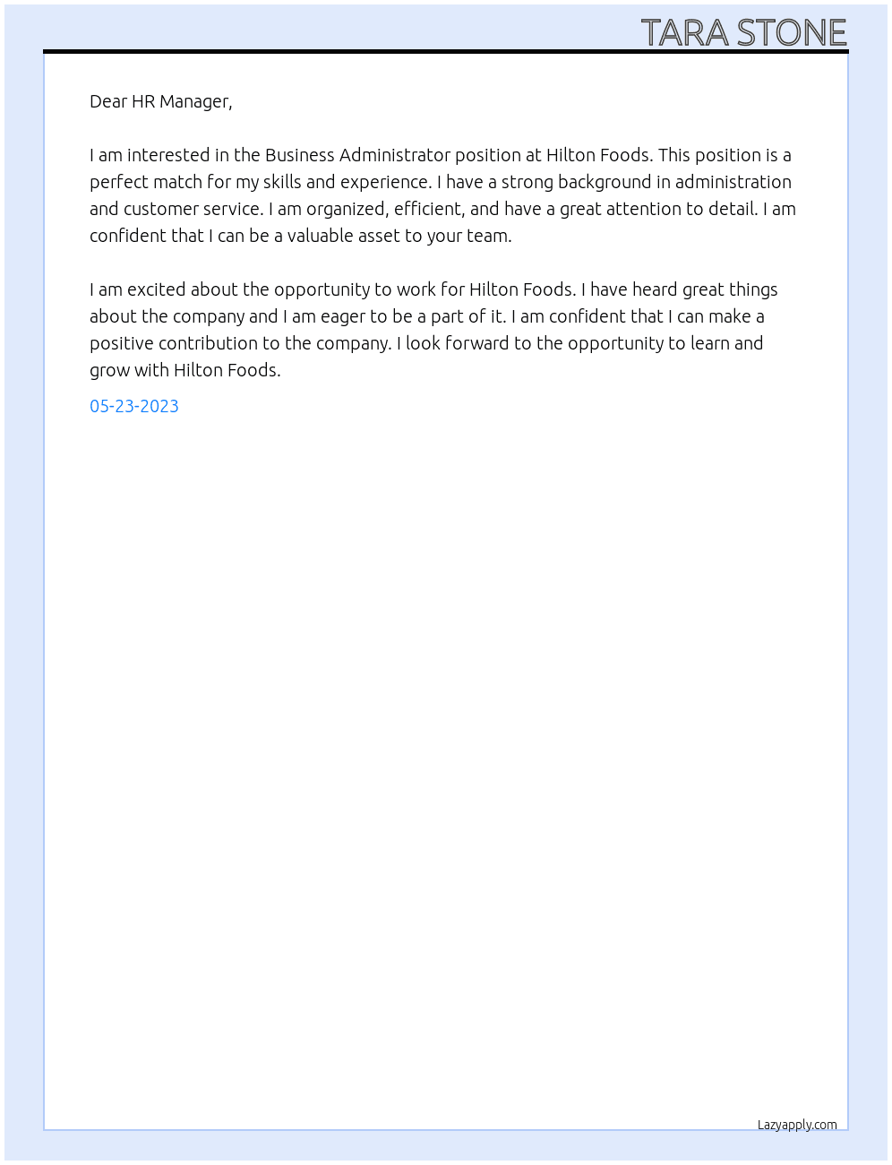Business Administrator At Hilton Foods Cover Letter