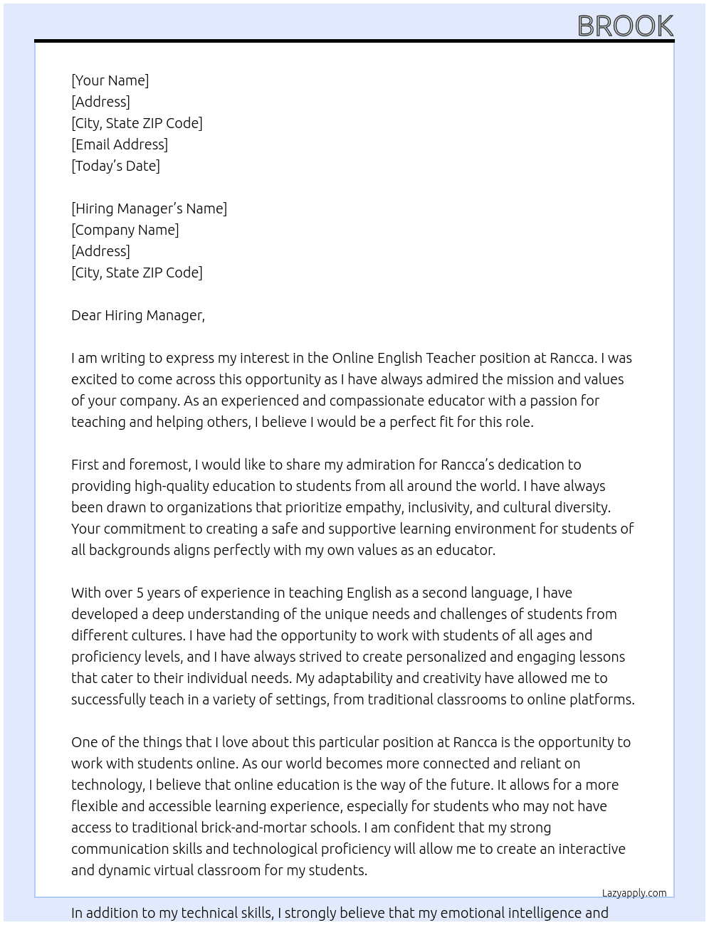 Online English teacher At Rancca Cover Letter