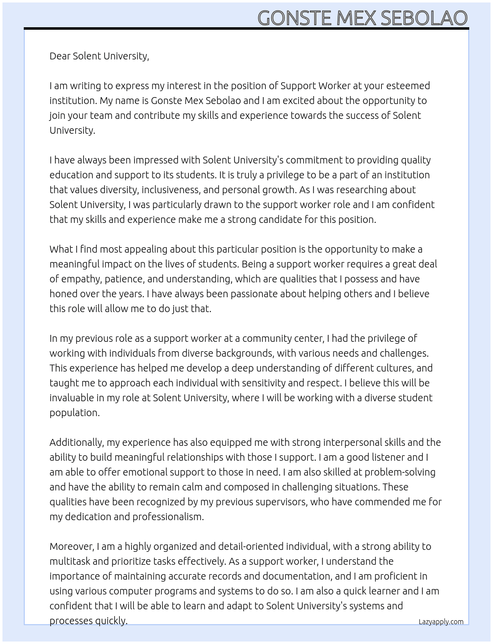 support worker At Solent University Cover Letter