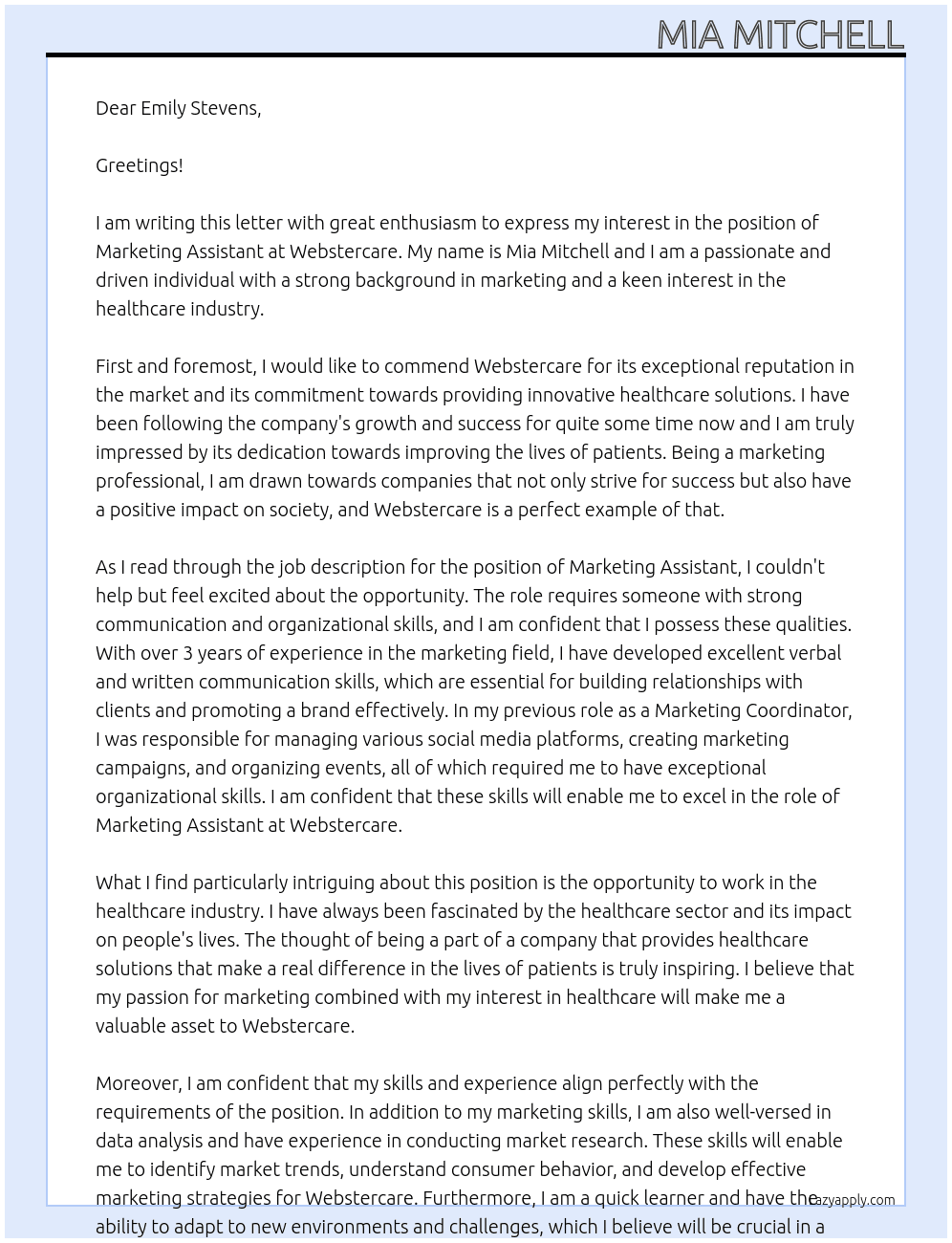 Marketing Assistant At Webstercare Cover Letter