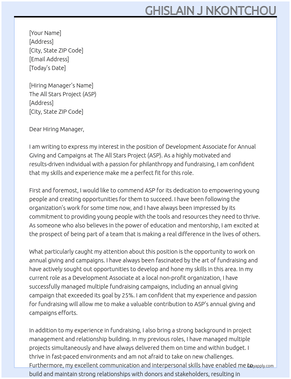 Cover letter for development associate, annual giving and campaigns - LazyApply