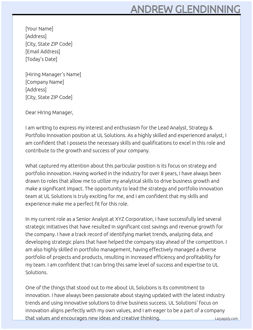 Lead Analyst, Strategy & Portfolio Innovation At UL Solutions Cover Letter