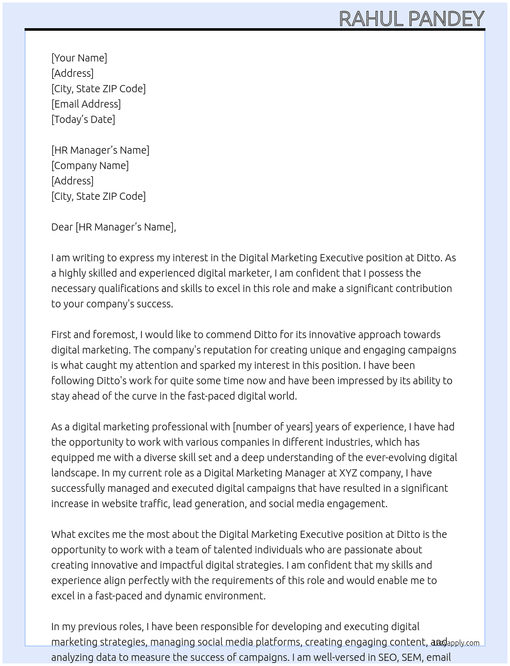 Digital Marketing Executive At Ditto Cover Letter