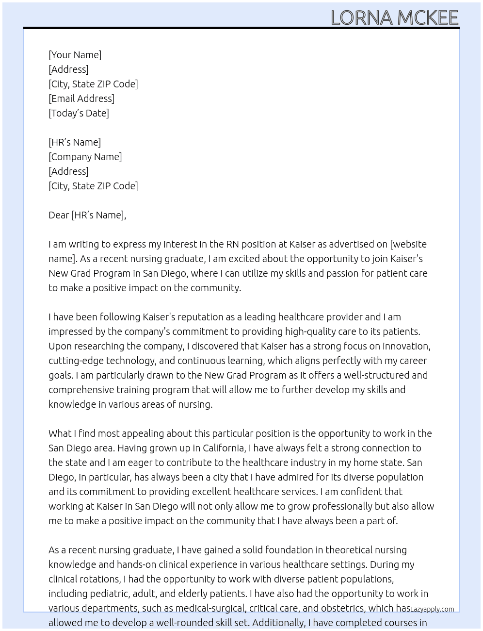 rn At Kaiser  Cover Letter