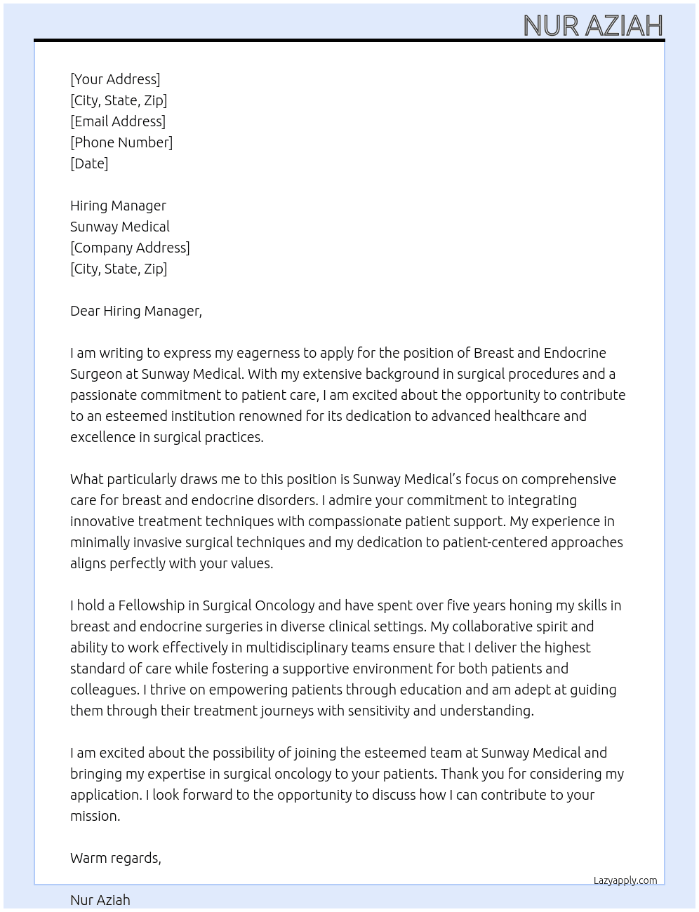 Breast and Endocrine Surgeon At Sunway Medical Cover Letter