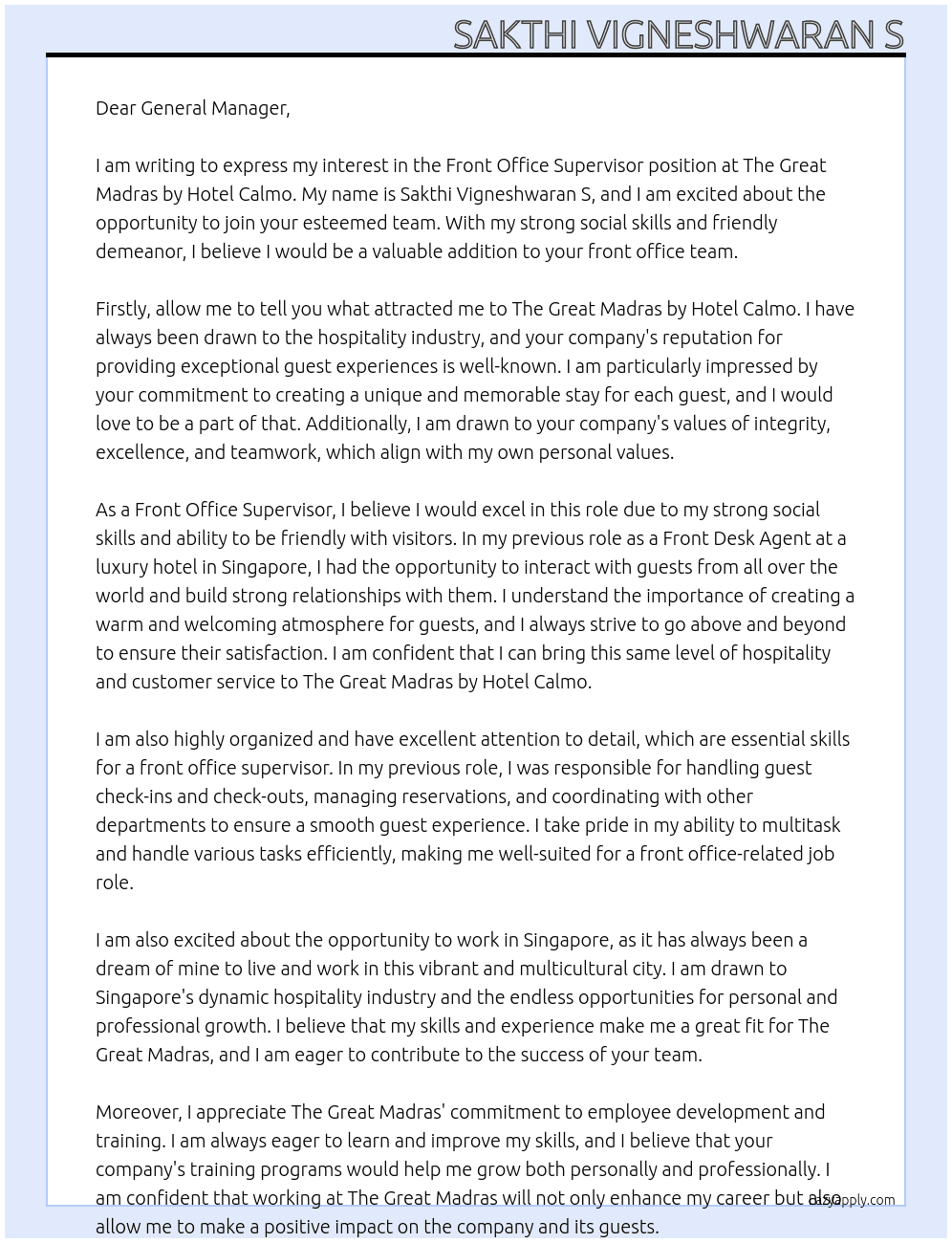 front office supervisor  At The Great Madras by Hotel Calmo Cover Letter