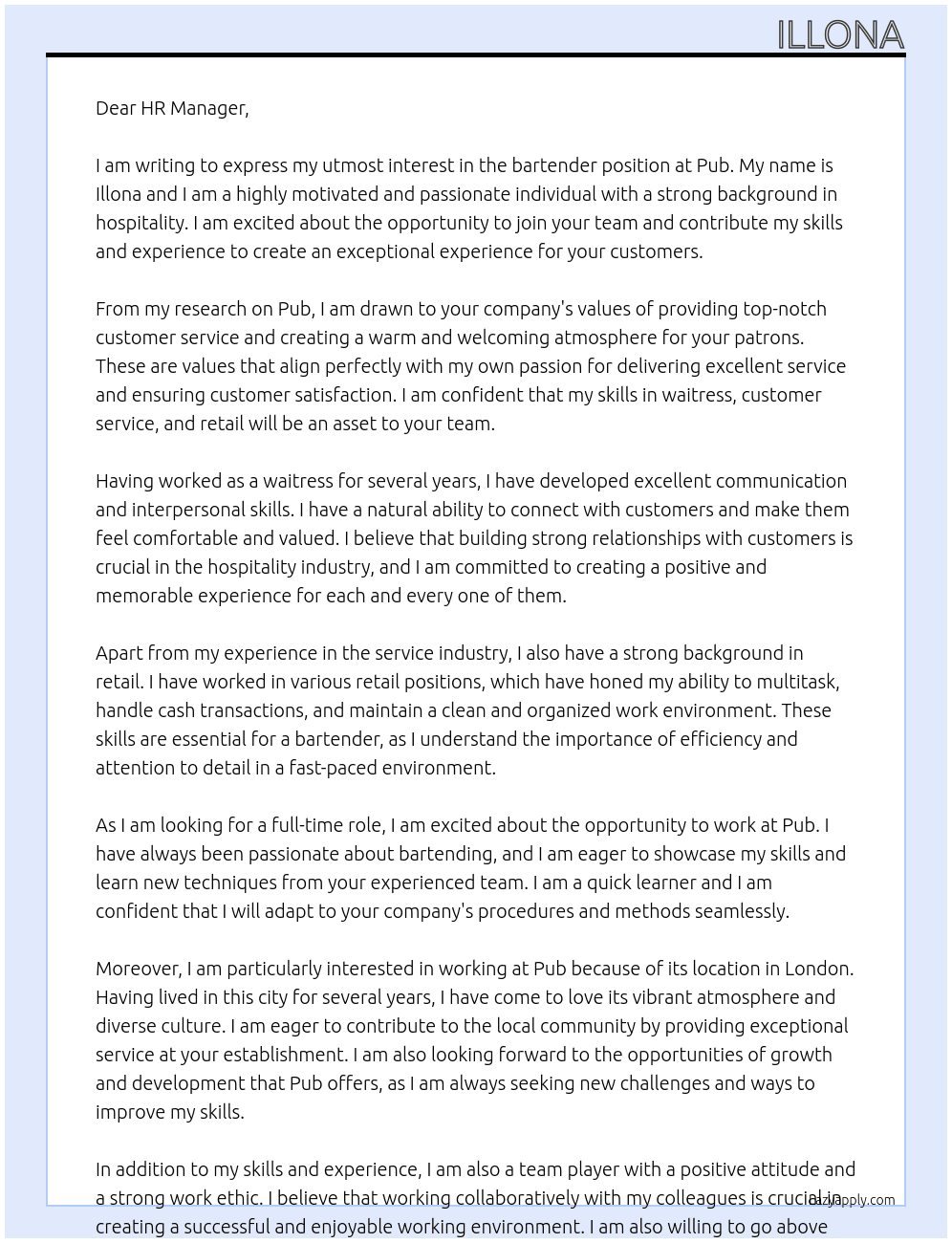 bartender At pub Cover Letter
