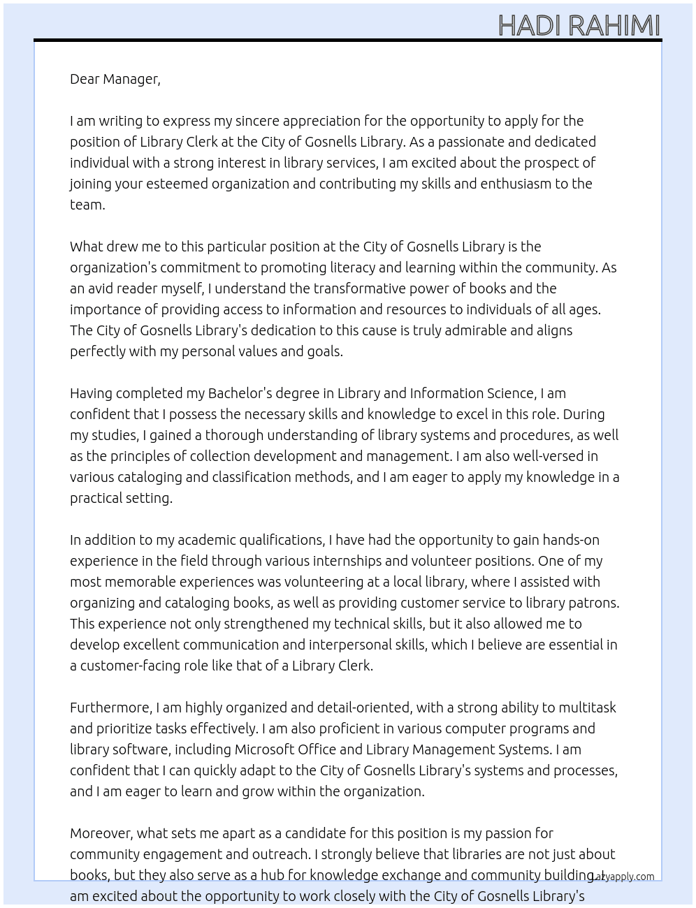 Library Clerk  At City of Gosnells Library  Cover Letter