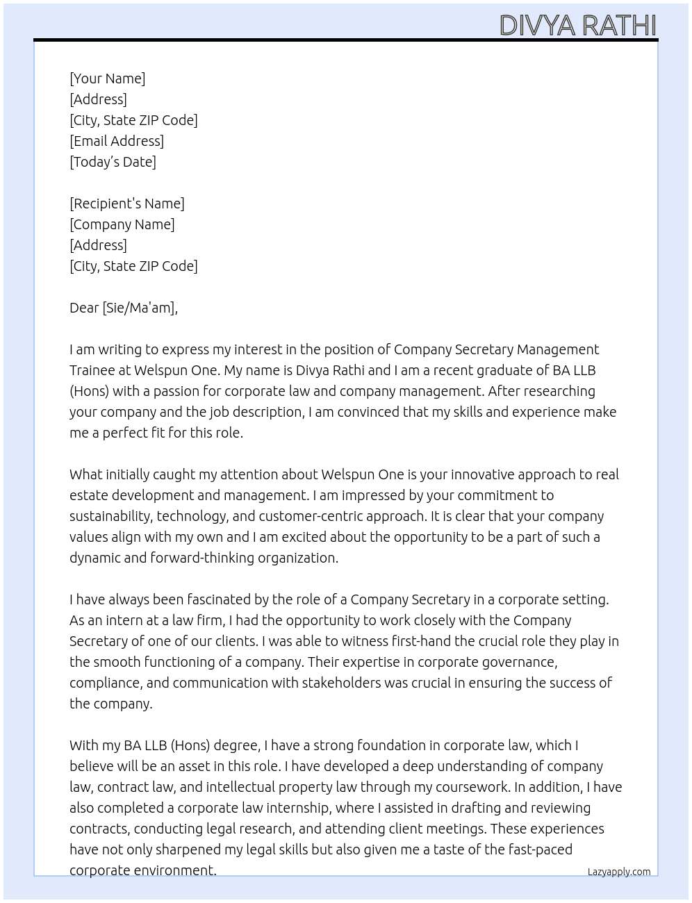 company secretary management trainee At Welspun One Cover Letter