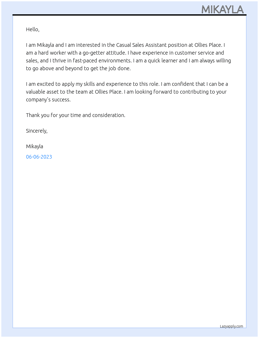 Casual Sales Assistant At Ollies Place Cover Letter