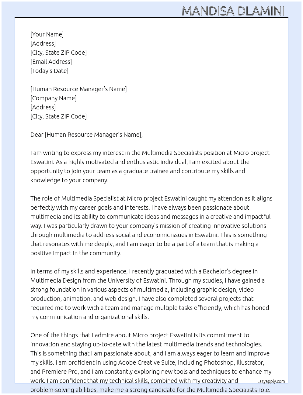 Multimedia Specialists  At Micro project Eswatini  Cover Letter