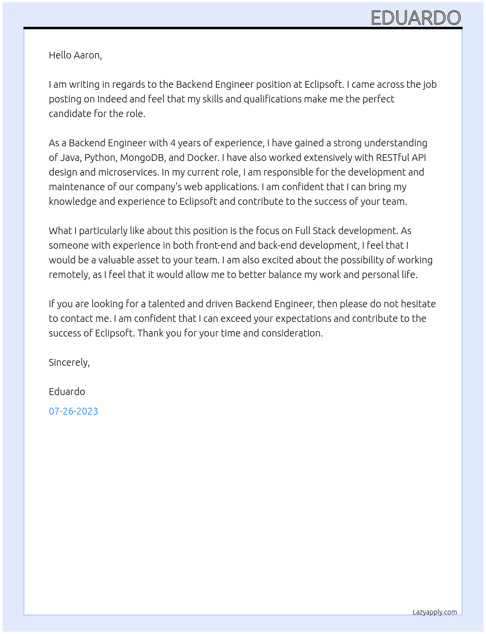 Backend Engineer At Eclipsoft Cover Letter